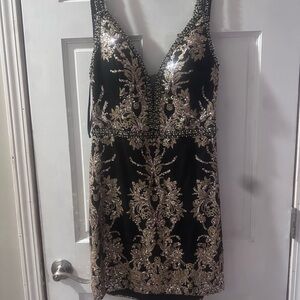 Stella Couture Black and Gold Beaded V-Neck homecoming Dress